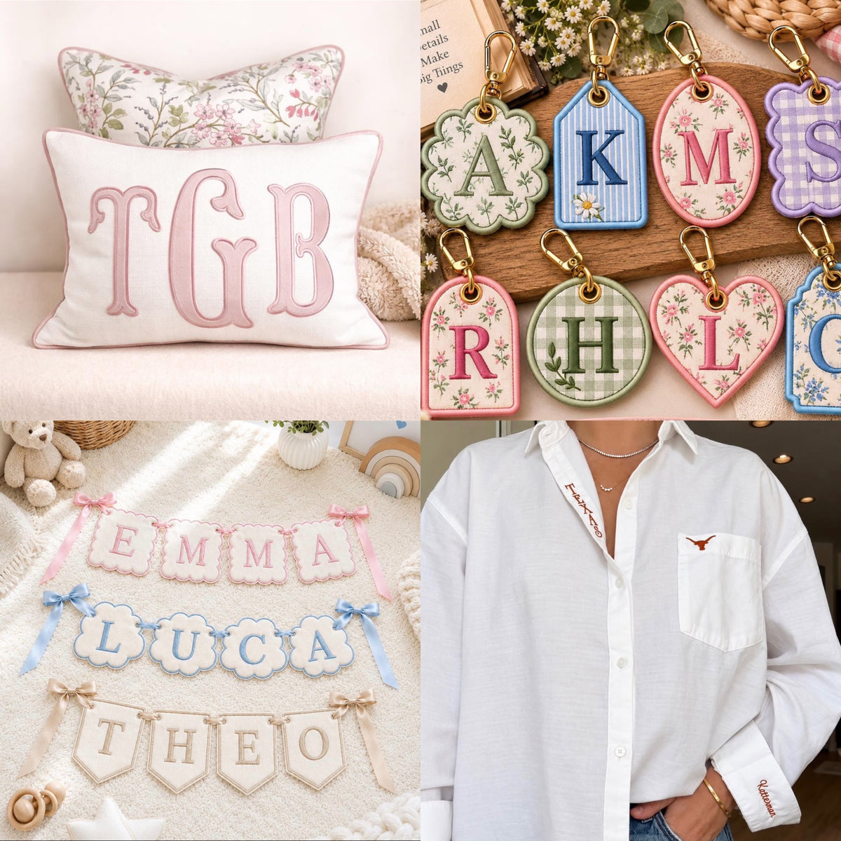 Custom embroidery by Cane & Co.: monogrammed pillow, initial keychains, name banners and an embroidered button-down shirt